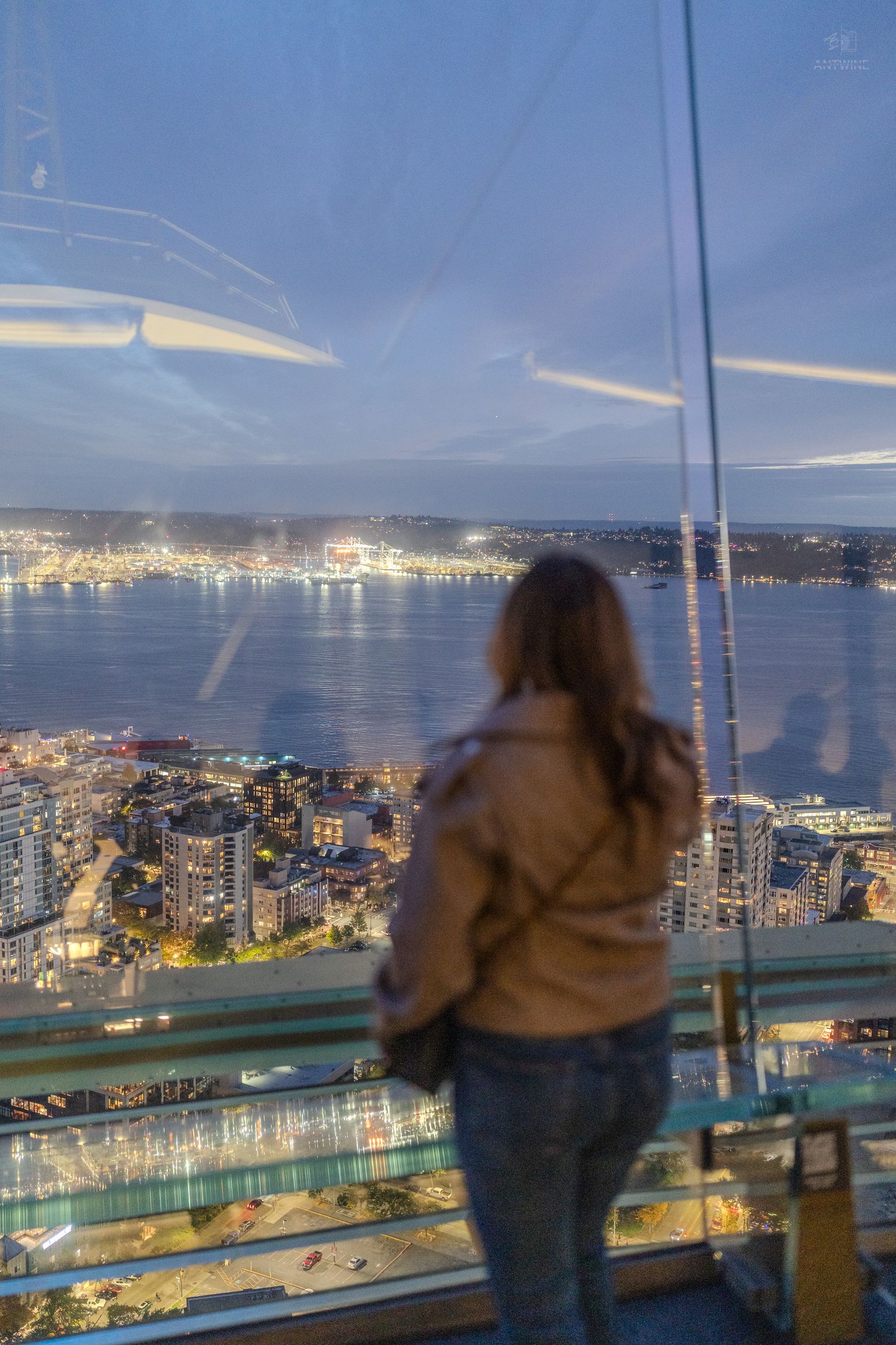 A woman gazes at a lit coastal cityscape from a high-rise observation deck at dusk.