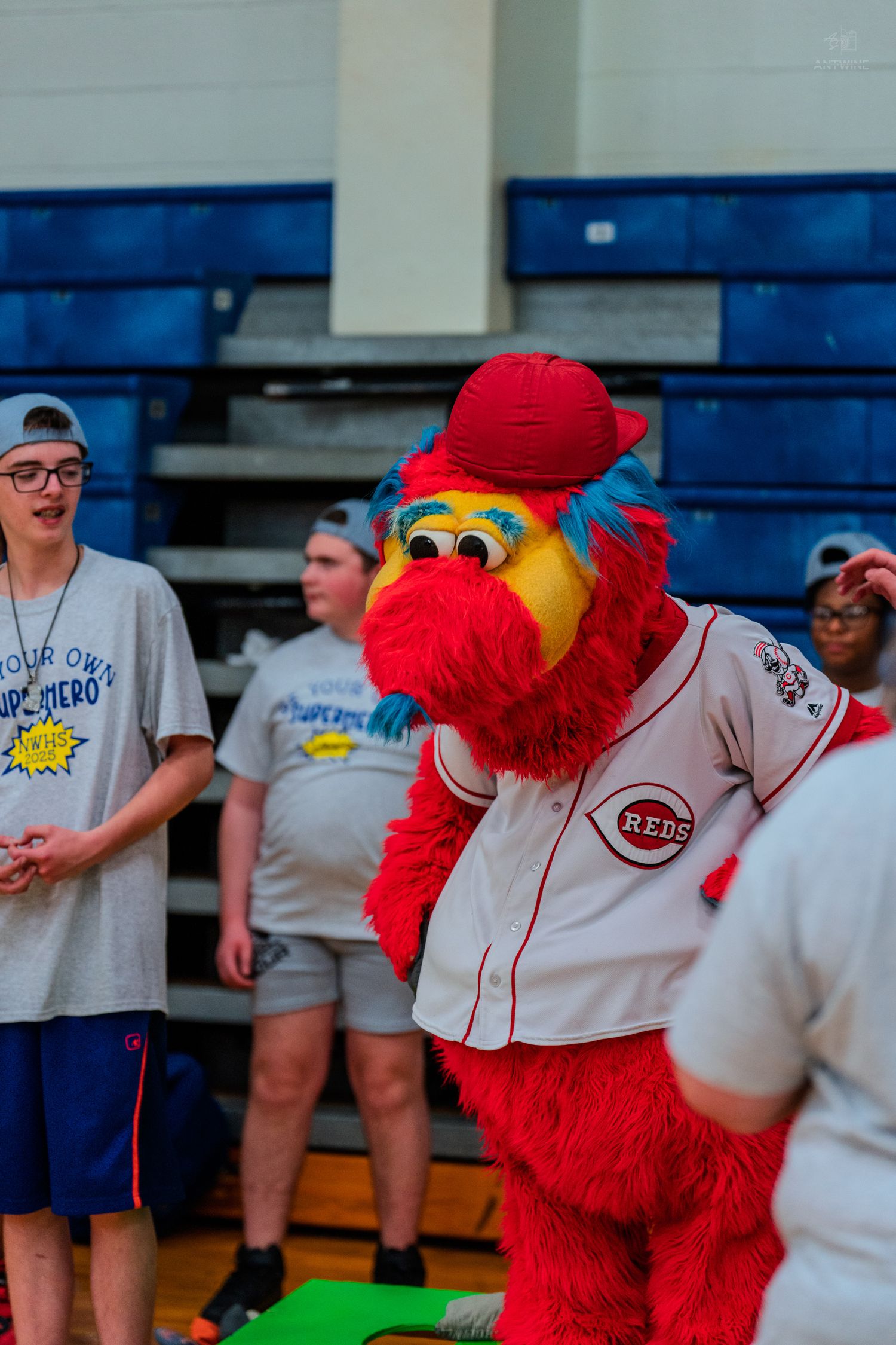 Cincinnati Reds mascot Mr. Red in uniform stands in a gymnasium surrounded by teens at a special event.