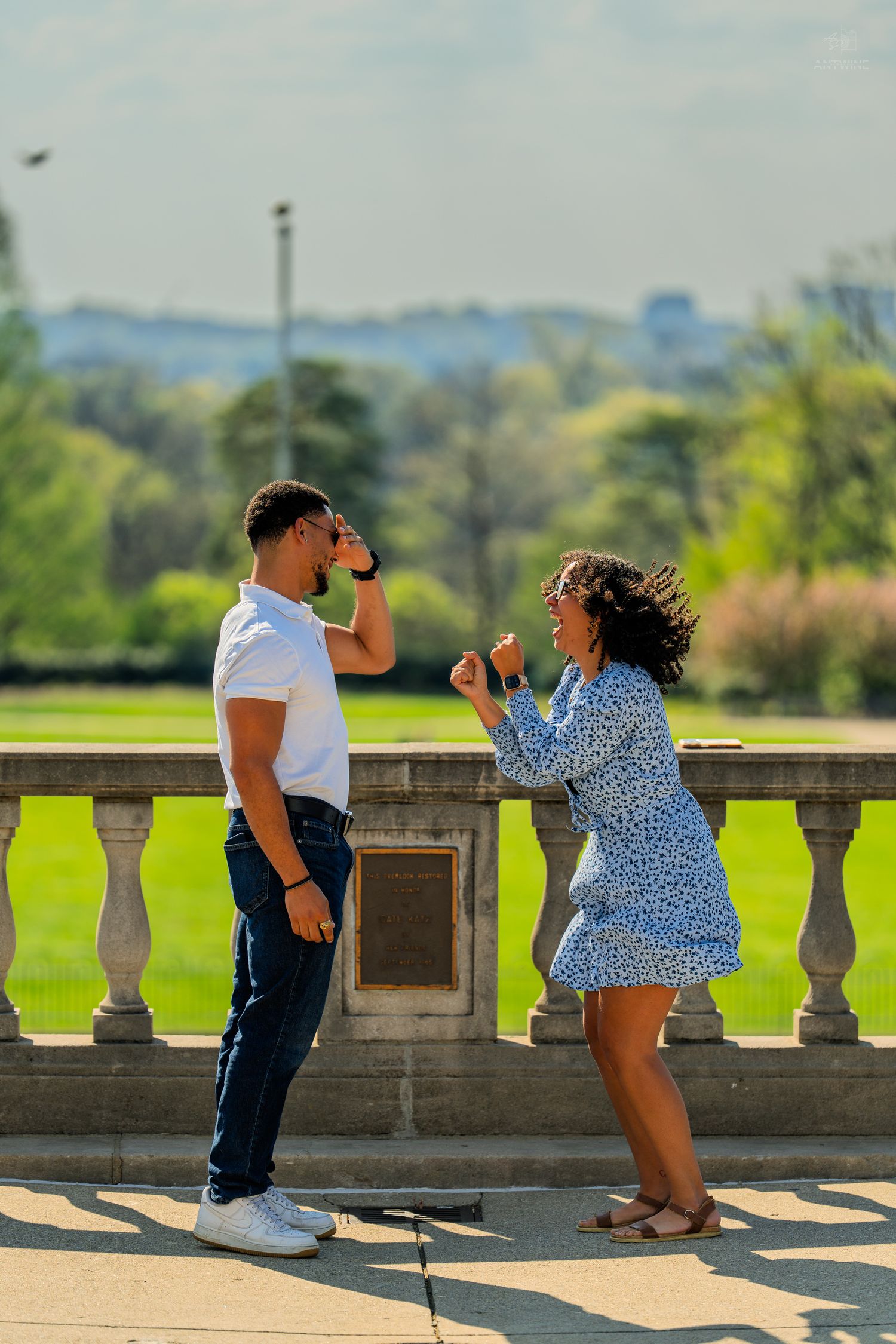 Excited woman showing engagement ring to man by stone balustrade in sunny green park setting.