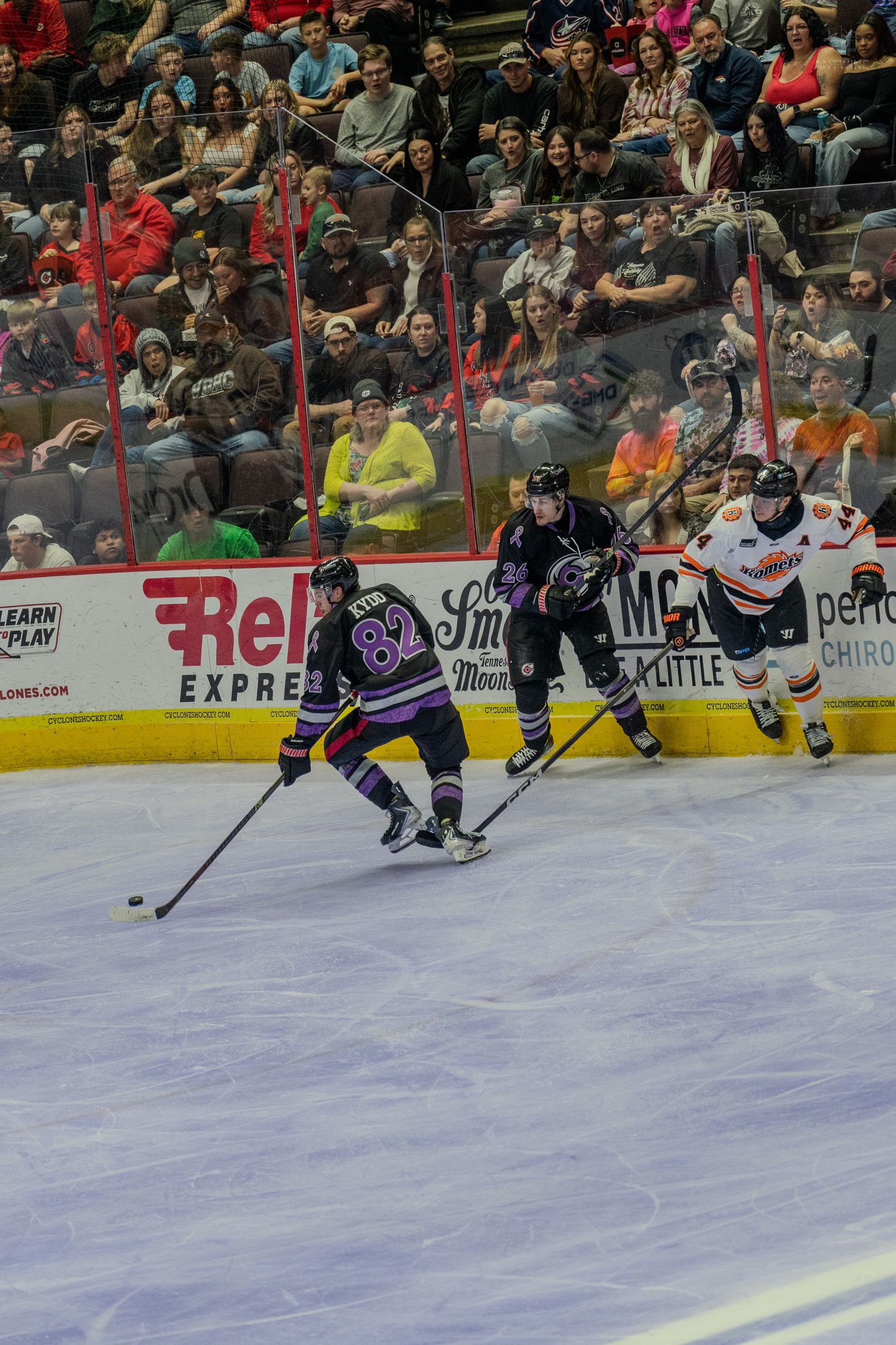 Hockey players compete for the puck during a minor league game with a large crowd watching in the stands.