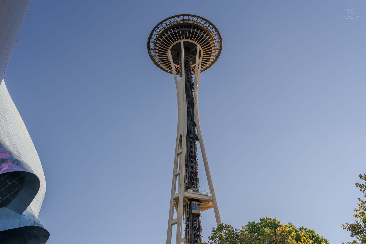 Looking up at the iconic Seattle Space Needle tower against a clear blue sky from ground level.