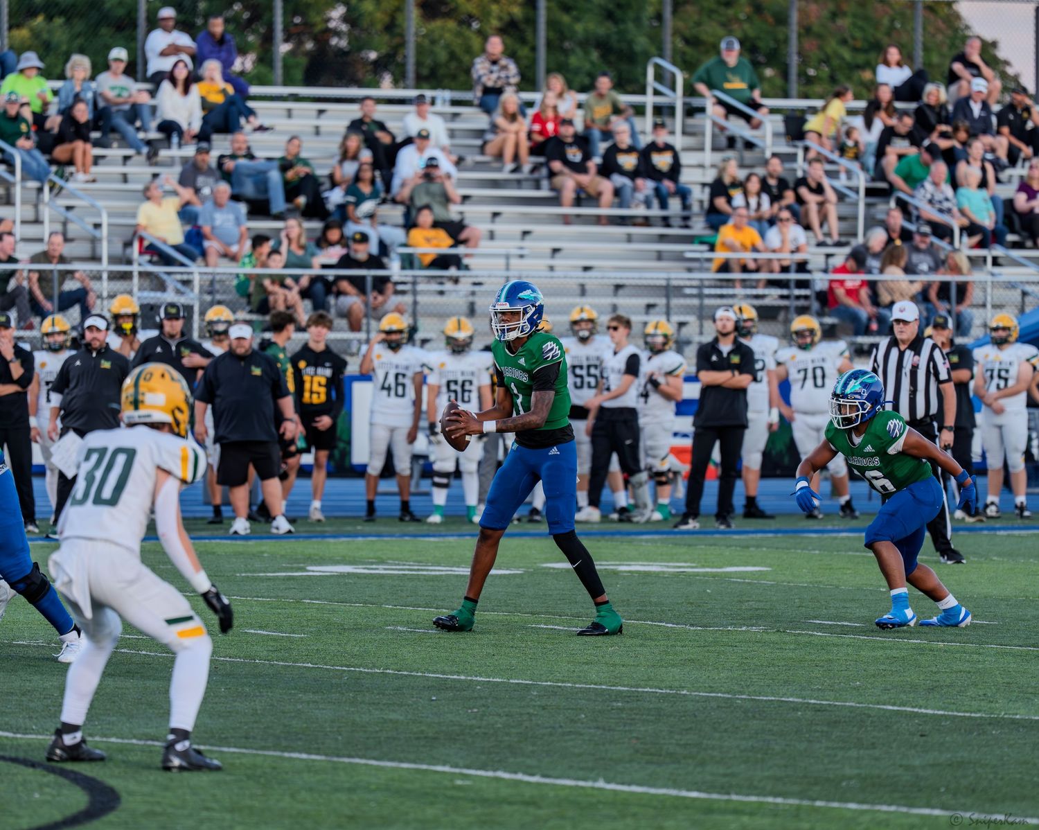 Warriors quarterback in green jersey prepares to throw pass during home football game.