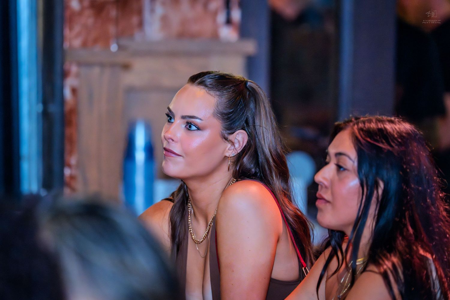 Two brunette women sit together looking forward in a softly lit nightclub environment.