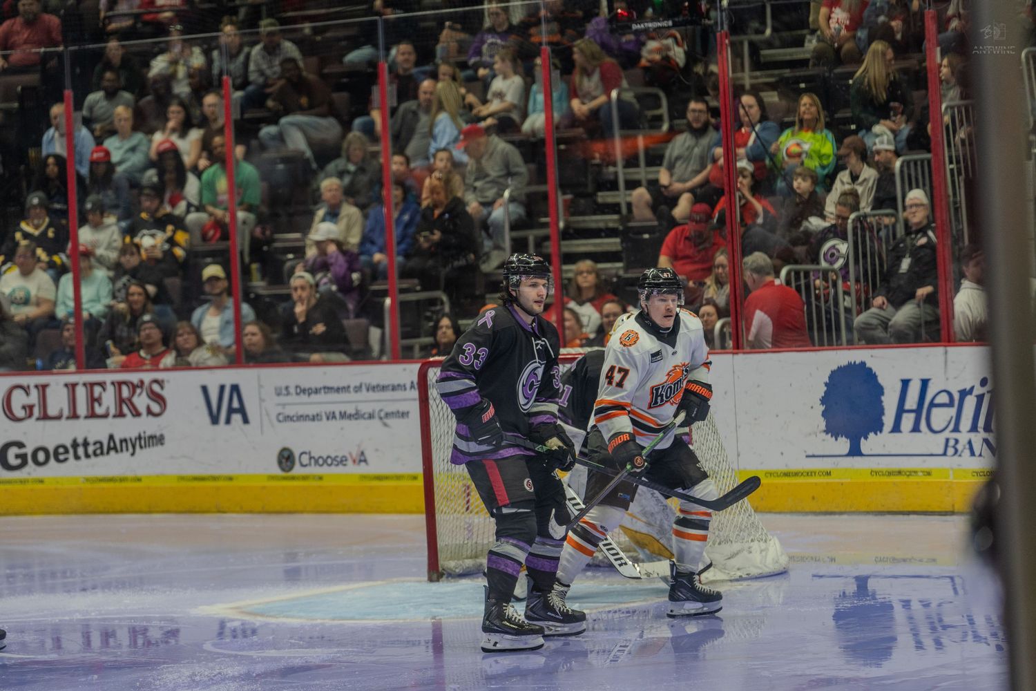 Ice hockey players compete near the goal during a professional indoor hockey game with a full crowd watching.