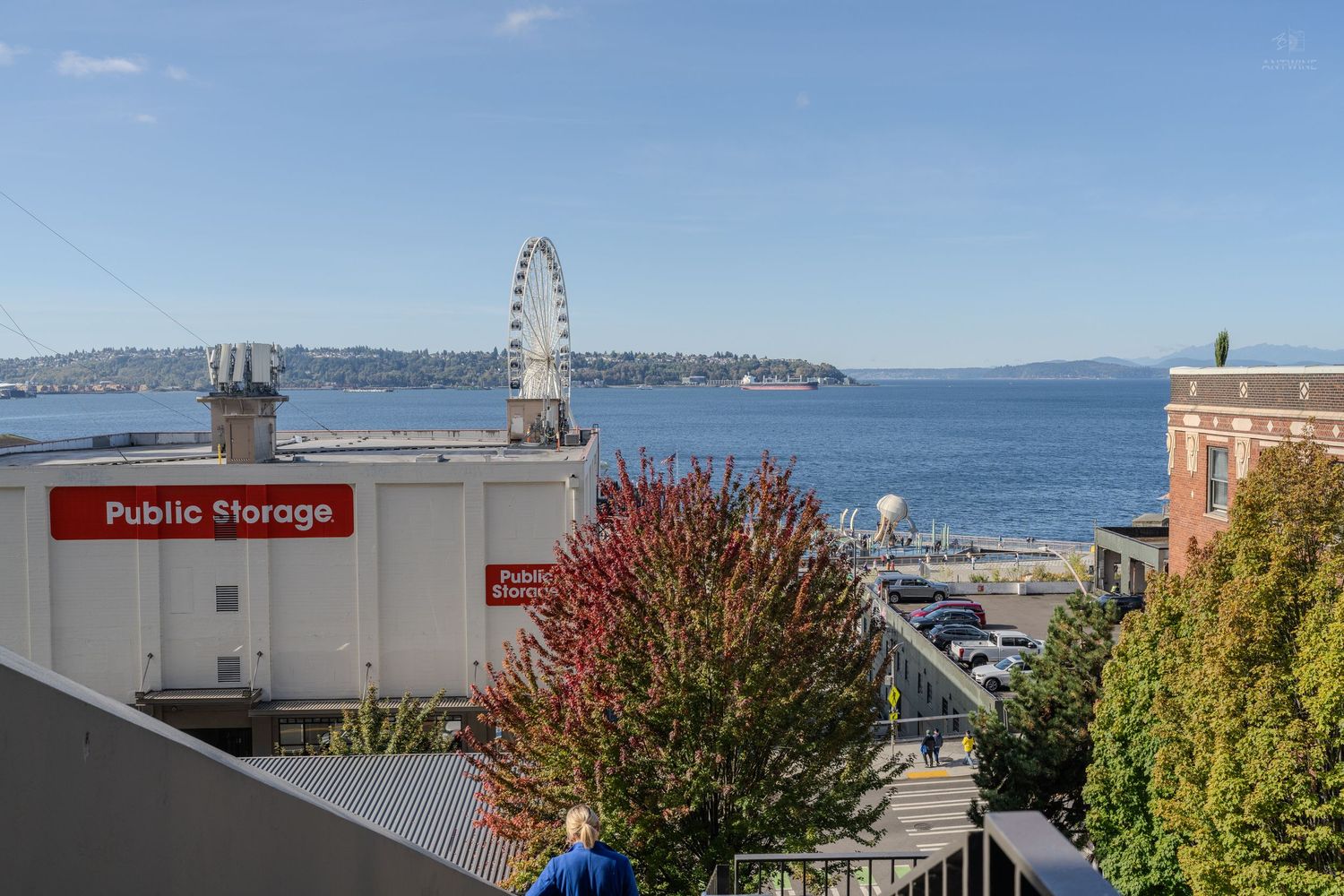 Seattle waterfront view with Public Storage building, iconic Great Wheel, and Elliott Bay under clear blue skies.