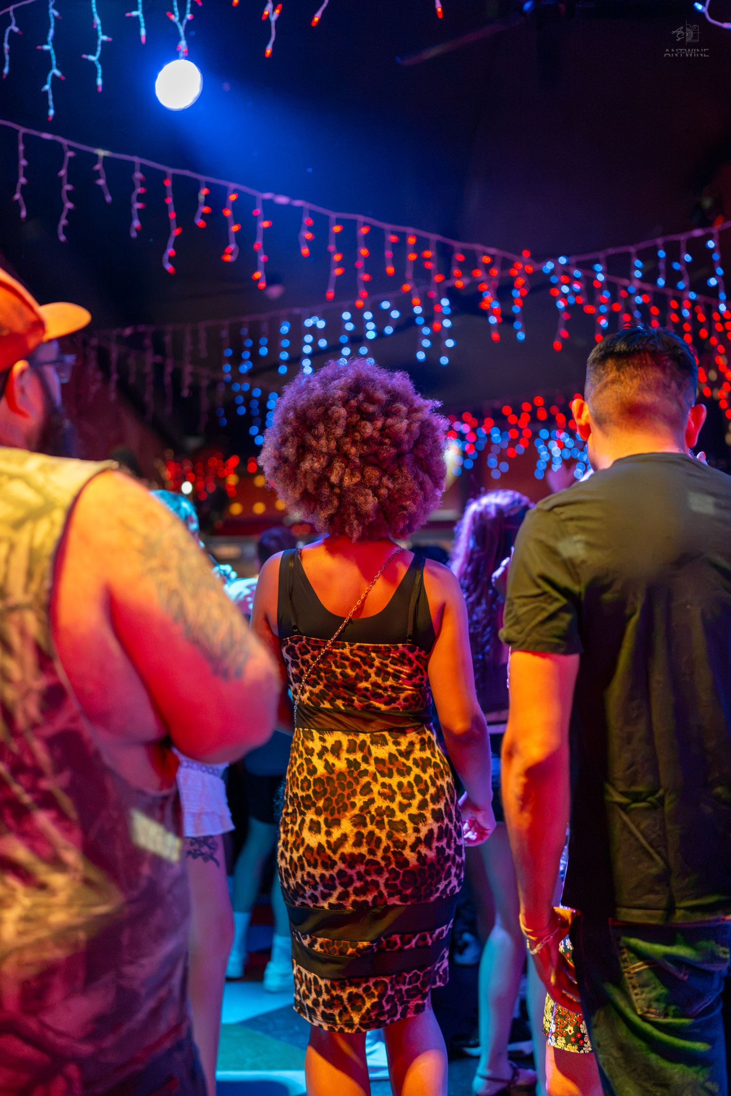 Woman in leopard print dress with curly hair dancing at a vibrant nightclub with colorful string lights.