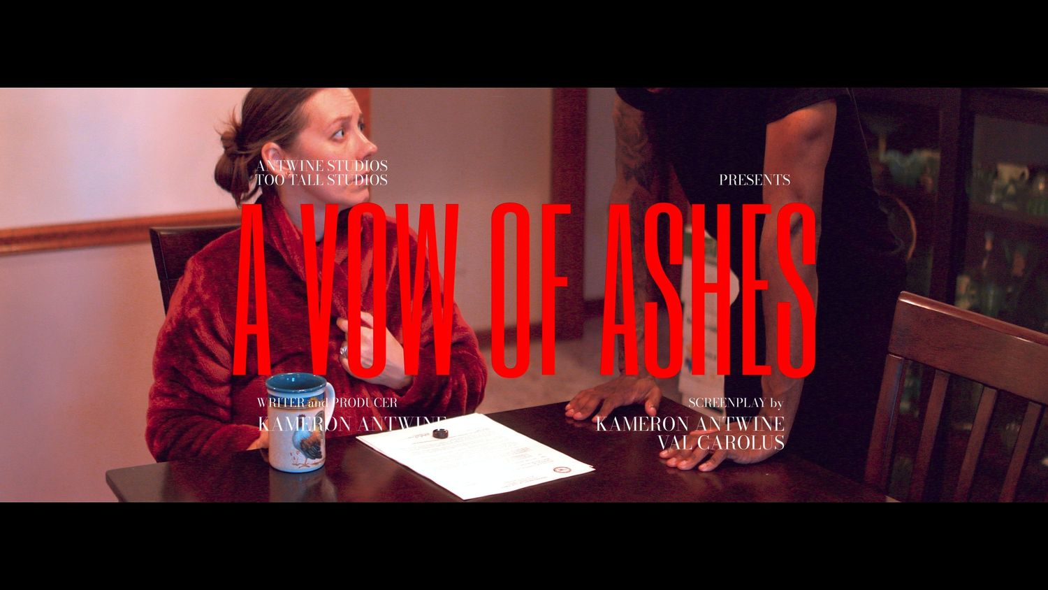 Title card for the short film A Vow of Ashes showing two people seated at a table.