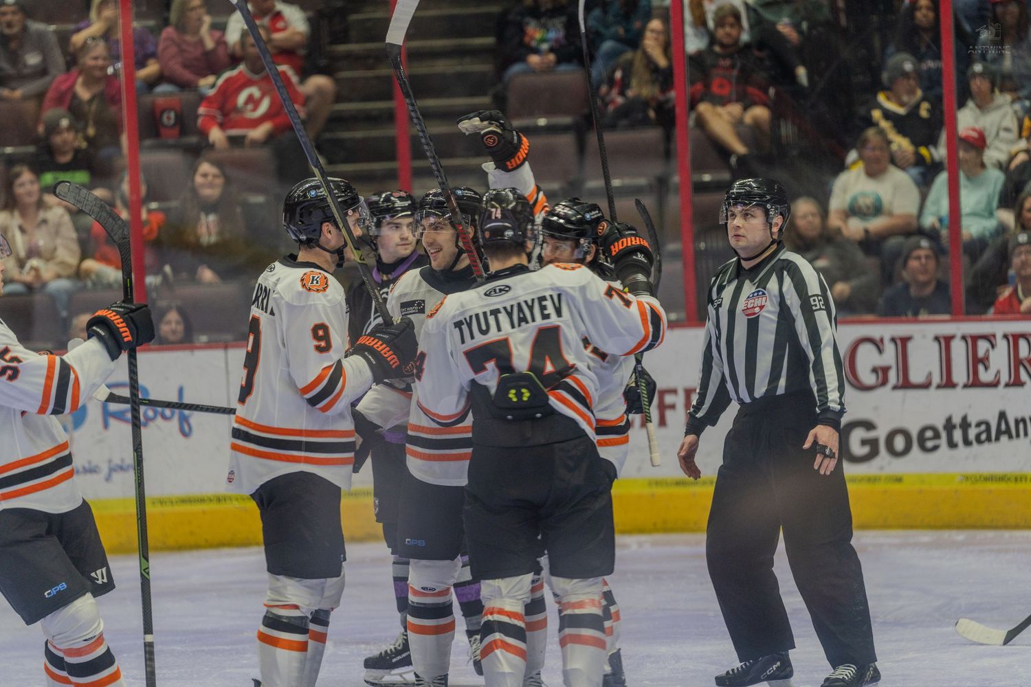 Hockey teammates celebrate a goal on ice, with Tyutyayev #74 and Murray #9 visible in orange uniforms.