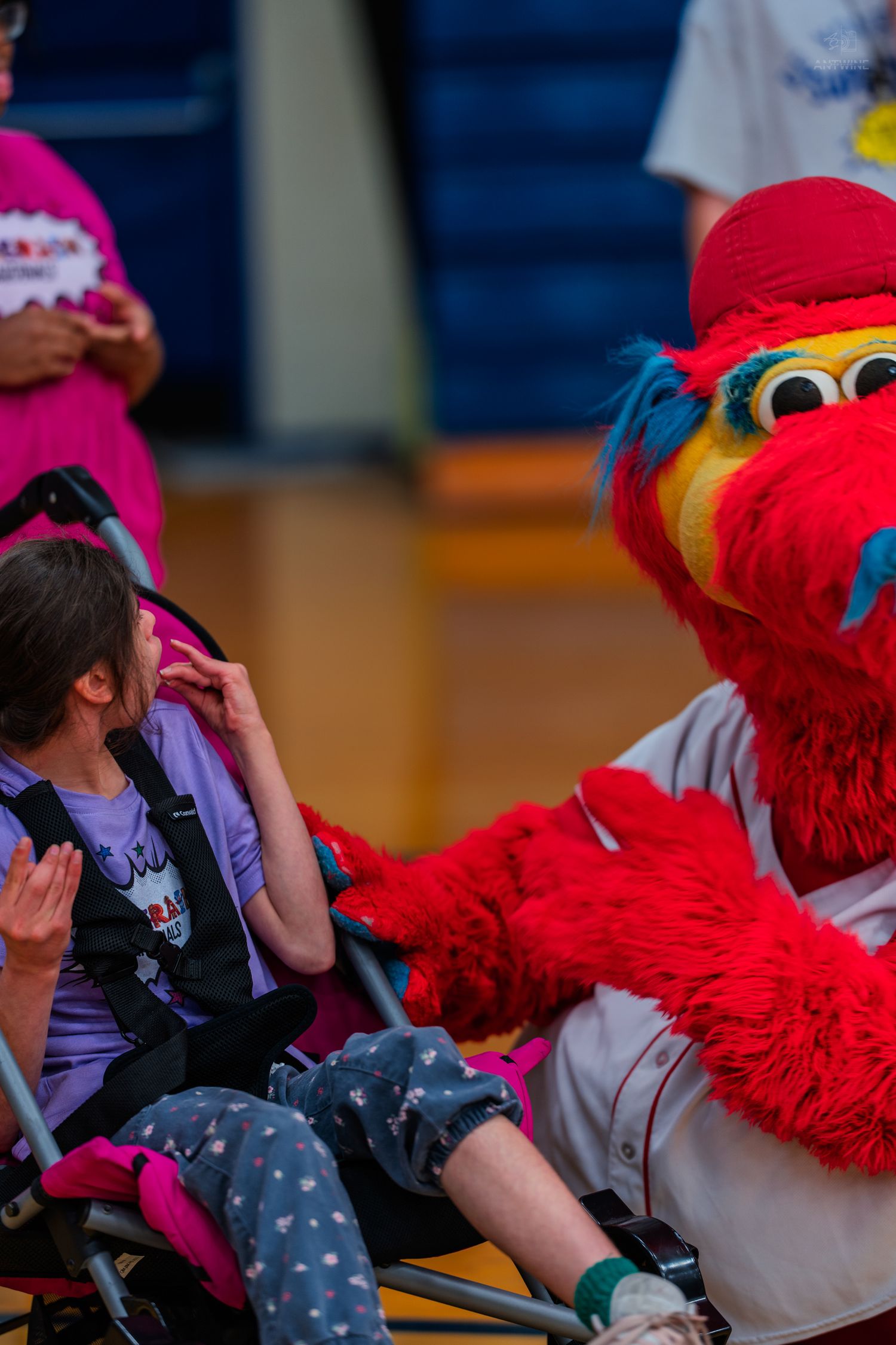 Red mascot in baseball uniform interacts with a child in a wheelchair at an indoor event.