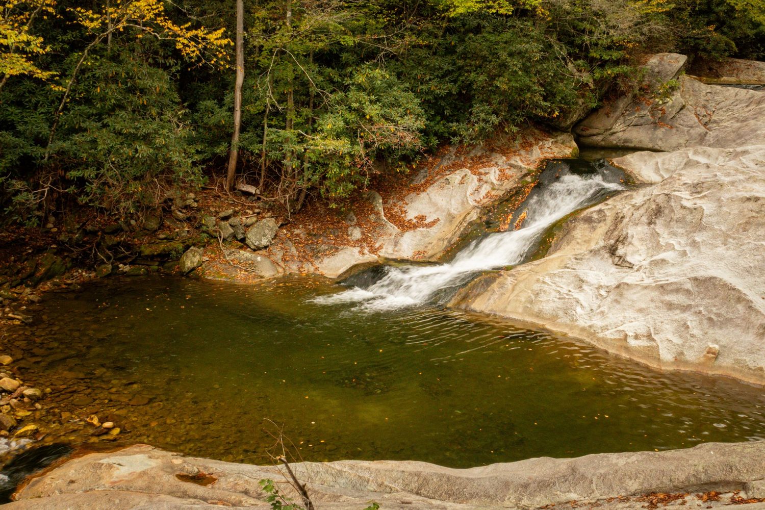 Overhead photo of a small waterfall.