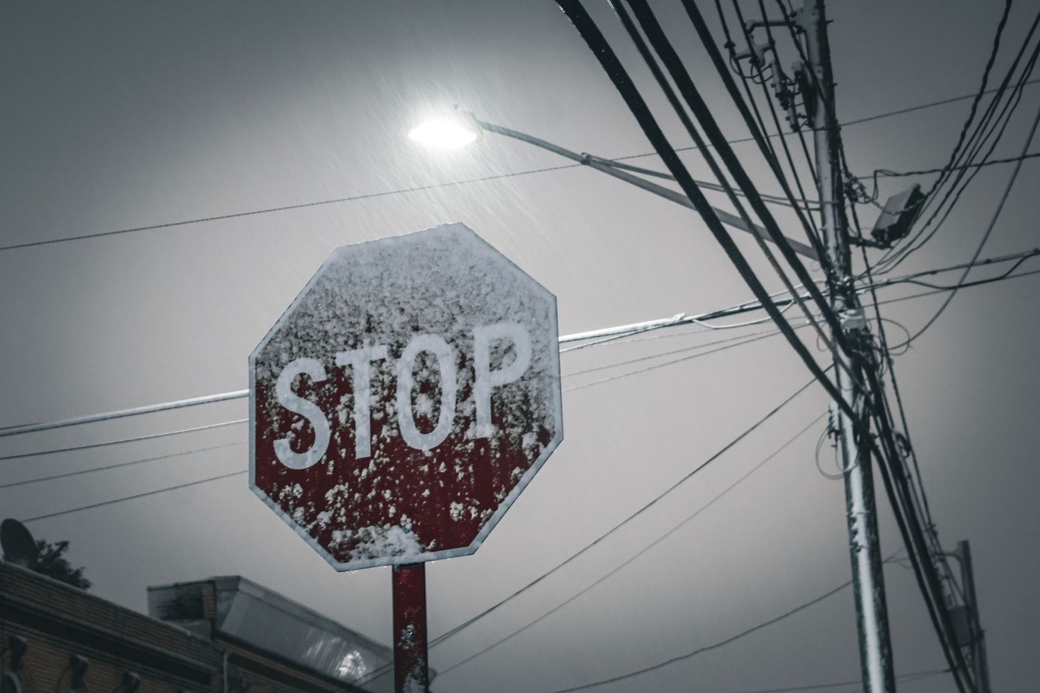 Stop sign covered in snow with snow still falling.