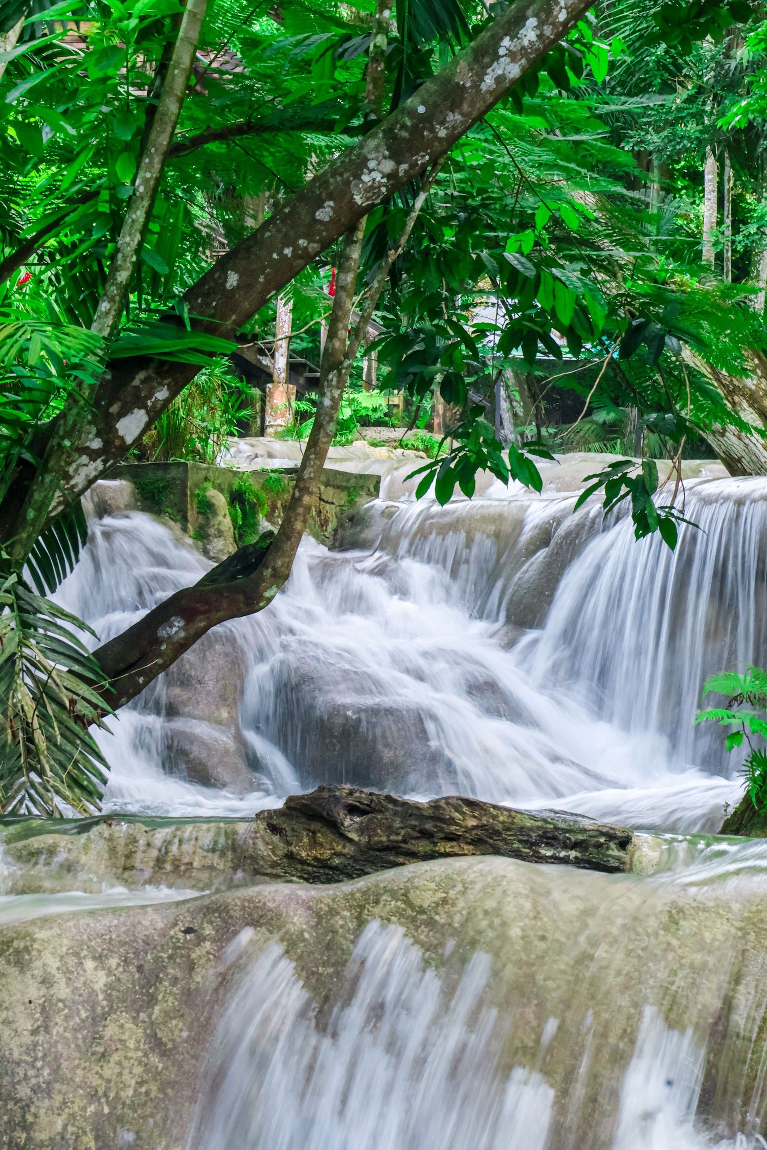 A slow shutter speed photo of a waterfall in Jamaica.