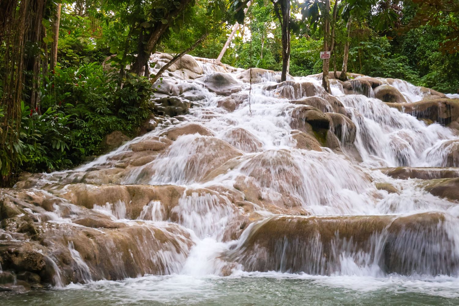 Wide shot of a waterfall in Jamaica.