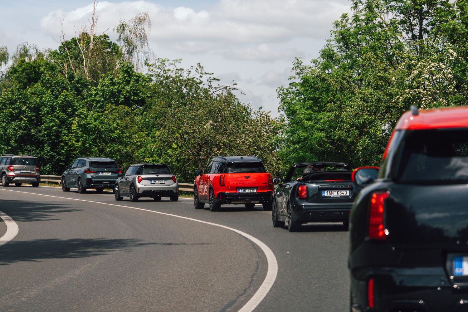 A convoy of MINI Cooper and SUV cars driving along a curved road lined with lush green trees.