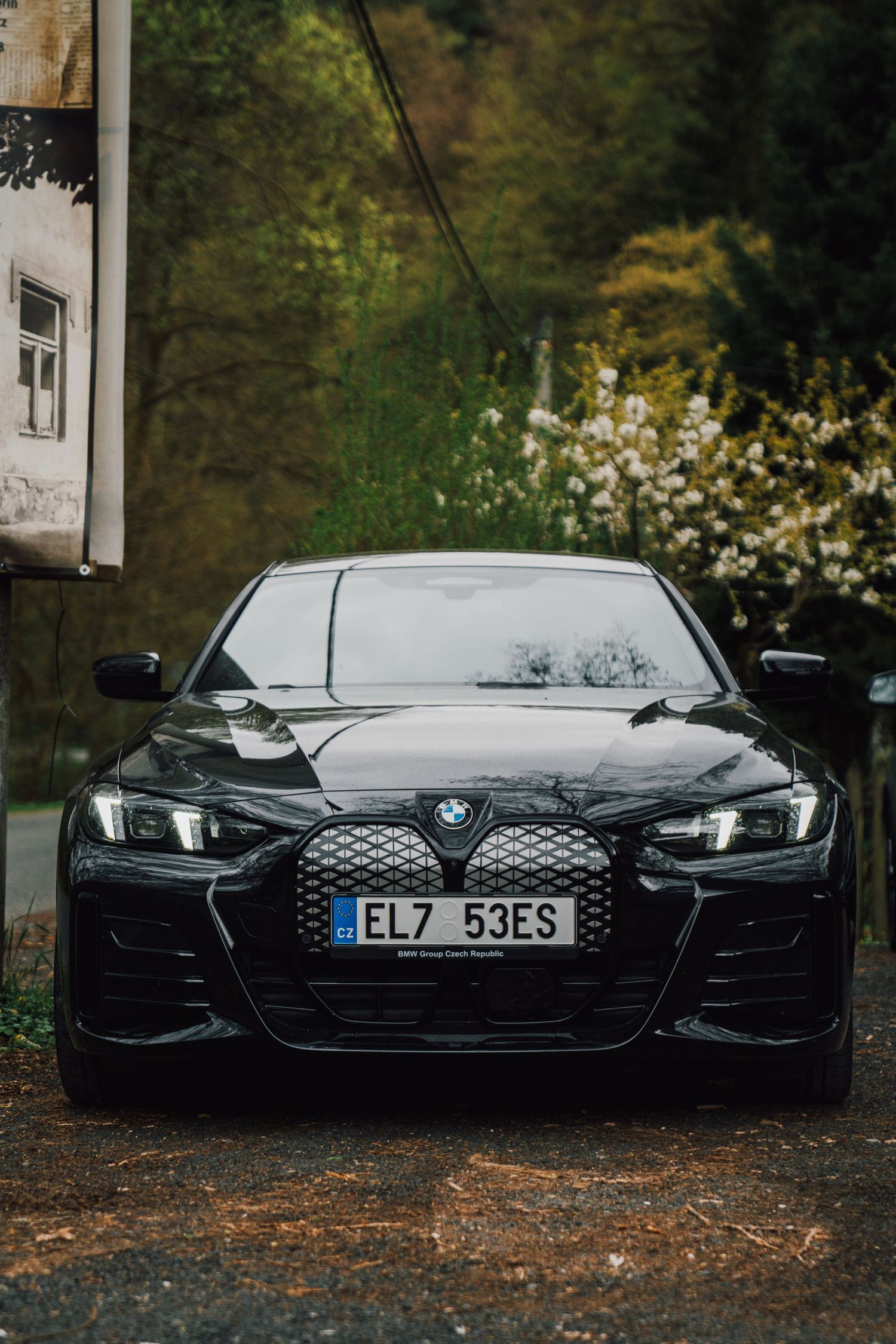 A sleek black BMW i4 with Czech license plate parked in front of blooming spring foliage.