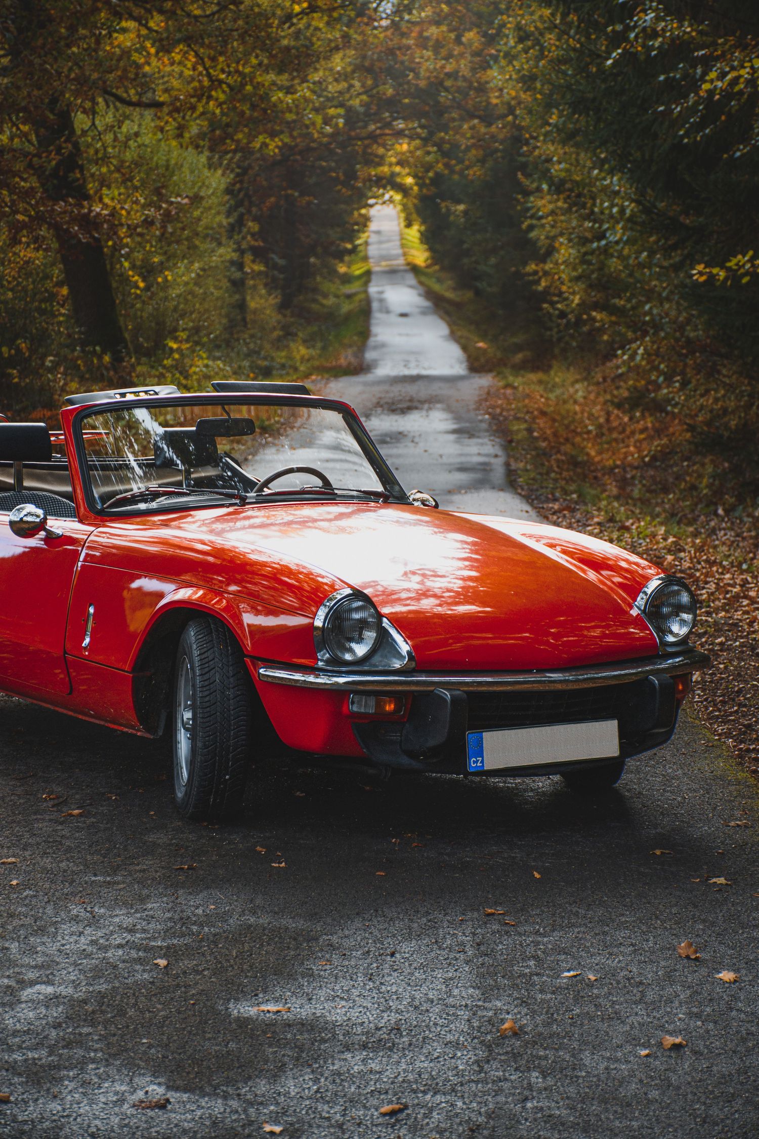 Red classic convertible car parked on a narrow road flanked by autumn trees.