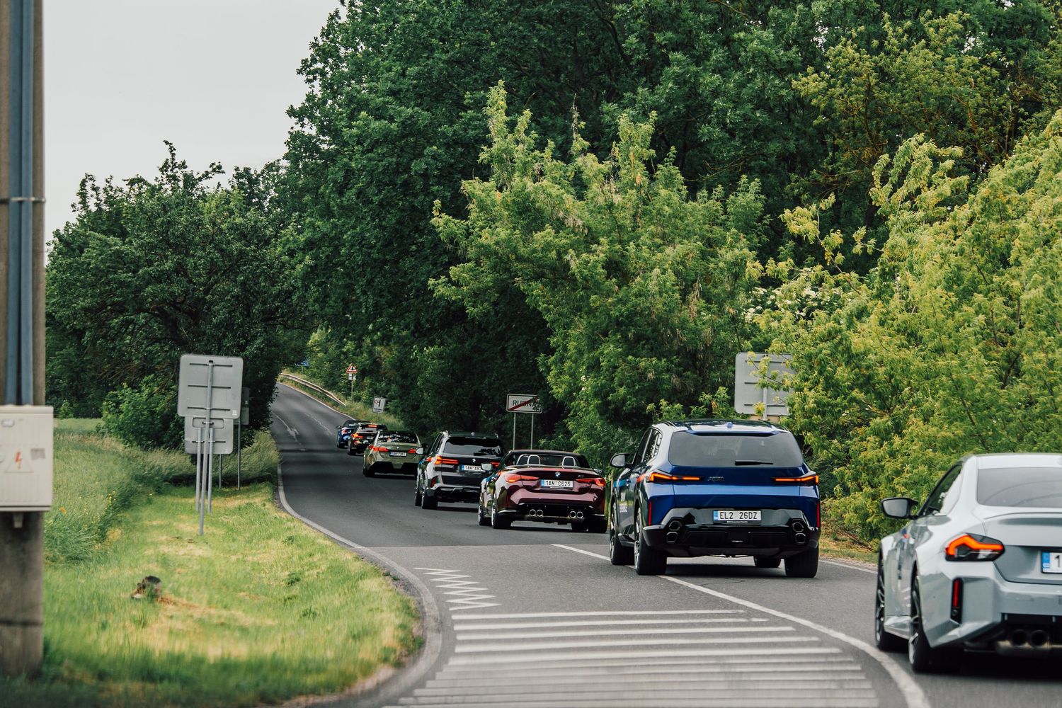 Convoy of BMW vehicles driving along a tree-lined road during a driving event.