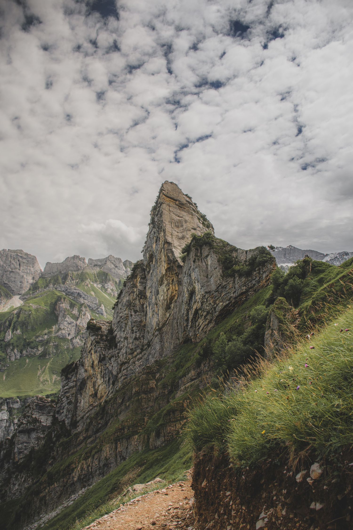 A sharp rocky mountain peak rises against a cloudy sky with green alpine meadows in the foreground.