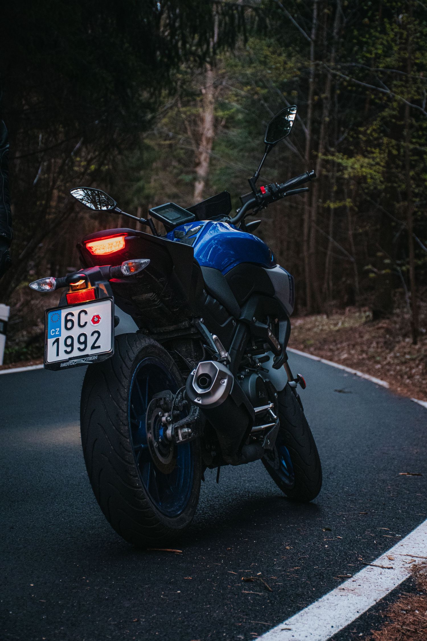 Rear view of a blue naked motorcycle parked on a forest road with license plate 6C 1992 visible.