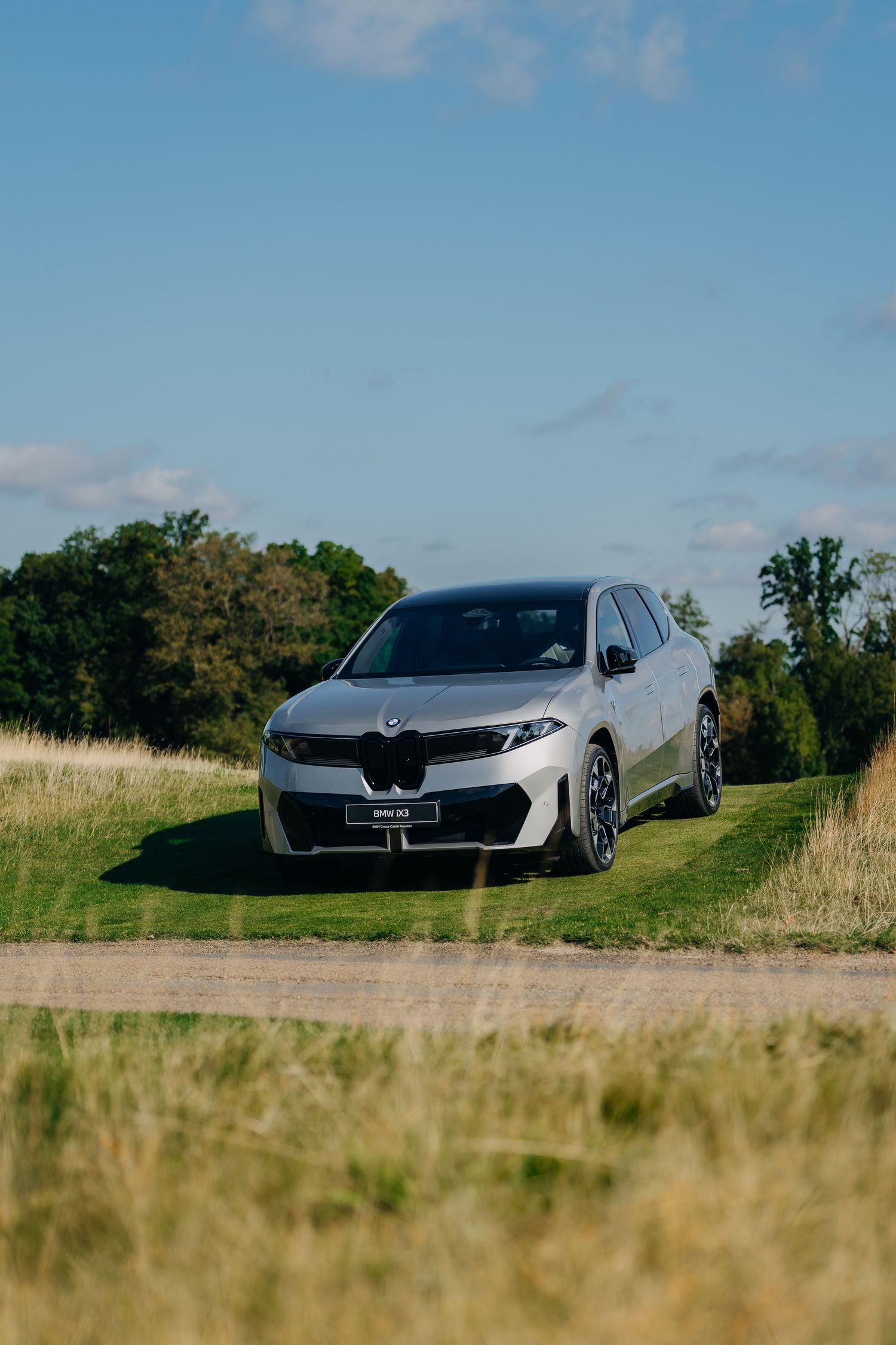 Silver BMW X3 SUV parked on a rural dirt path surrounded by green grass and trees under a partly cloudy blue sky.