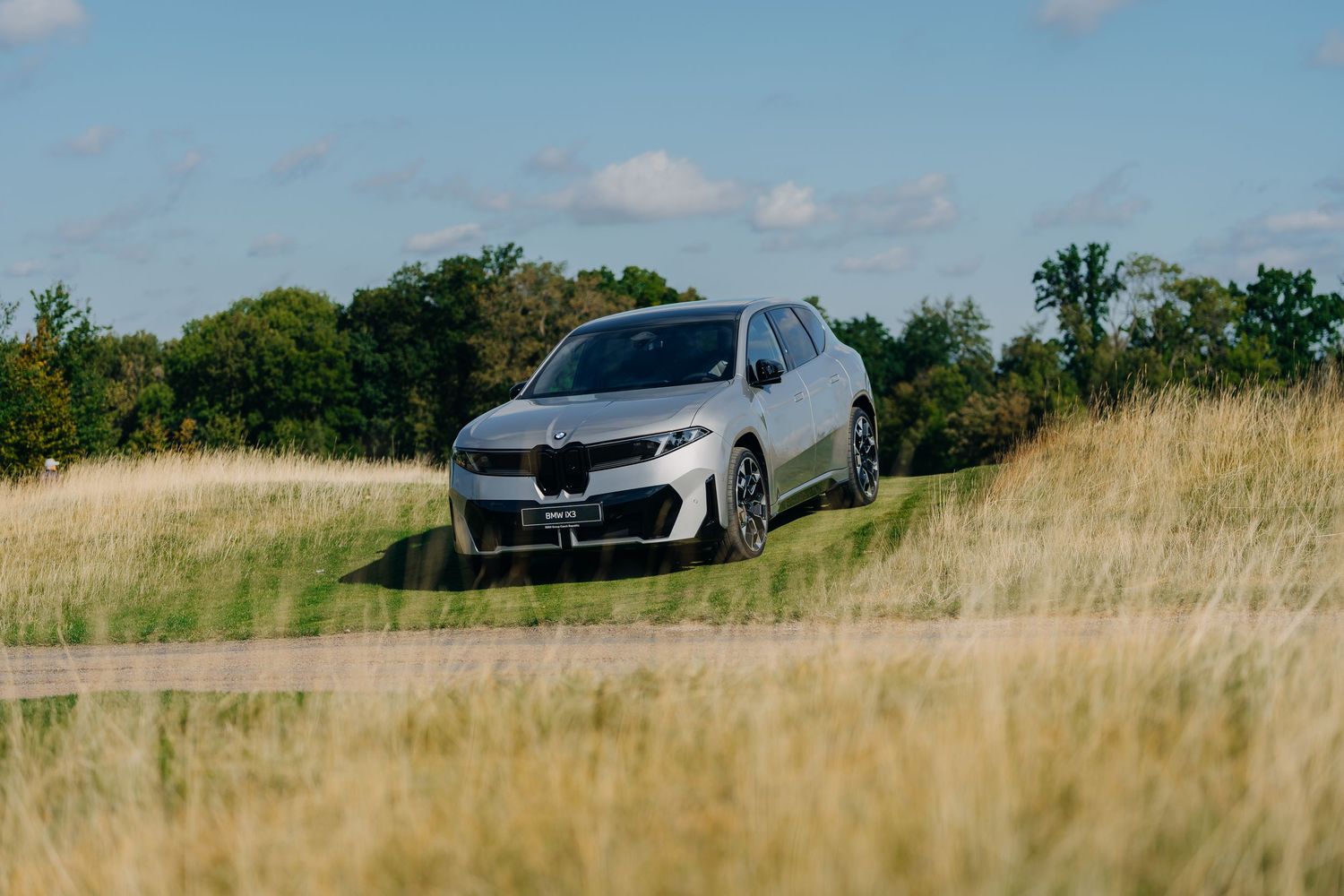 Silver BMW SUV driving on a rural path surrounded by golden grass fields and green trees under a blue sky.