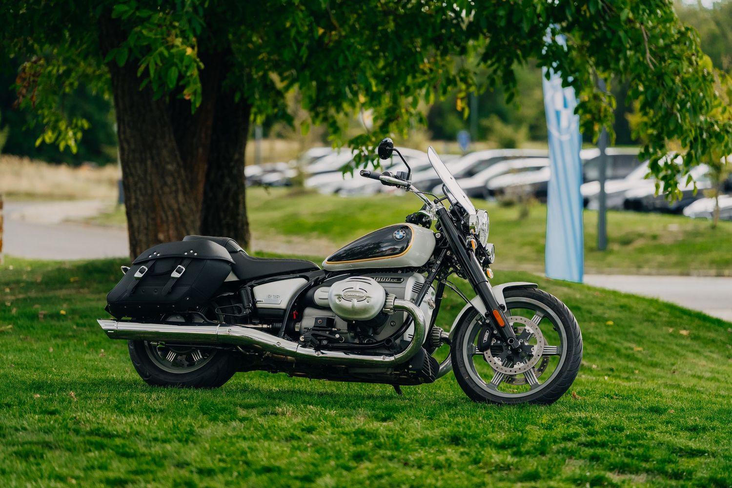 Silver BMW cruiser motorcycle with saddlebags parked on green grass beside a large tree outdoors.