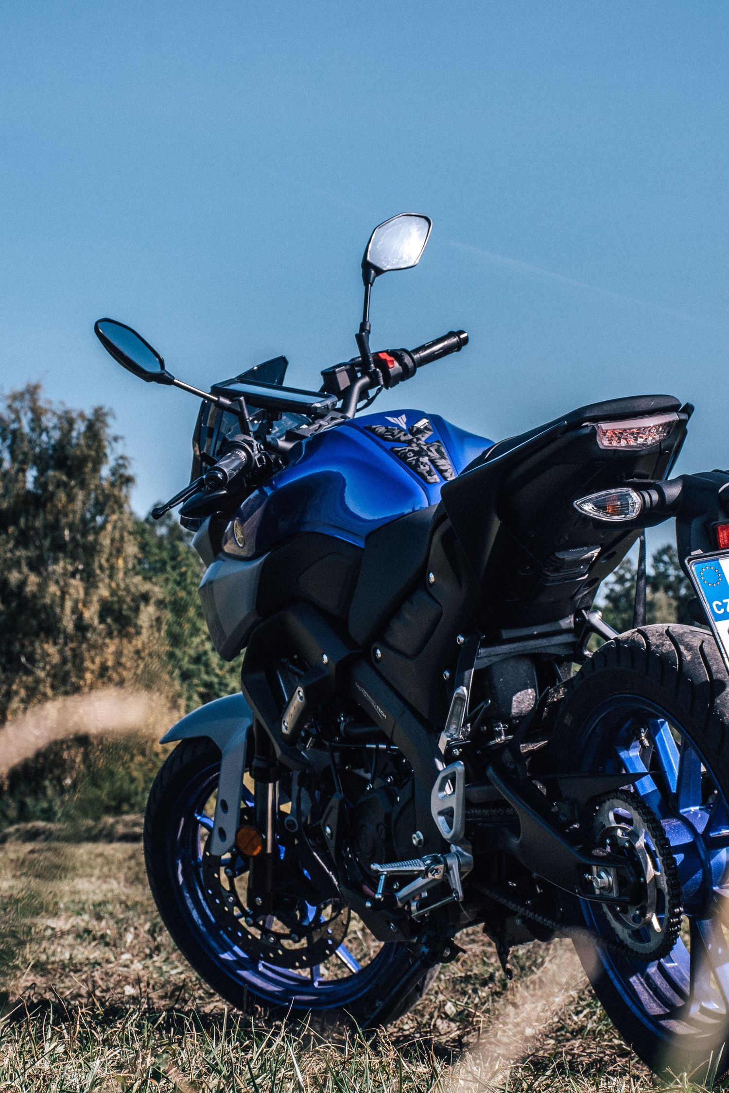 Close-up rear view of a blue naked motorcycle parked on grass under a clear blue sky.