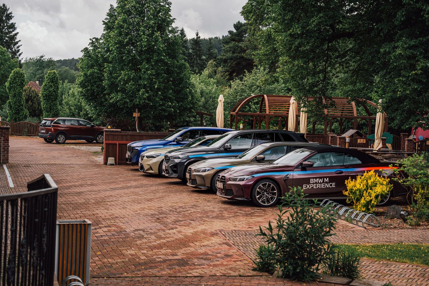 Fleet of BMW M Experience branded vehicles parked in scenic outdoor lot surrounded by green trees.