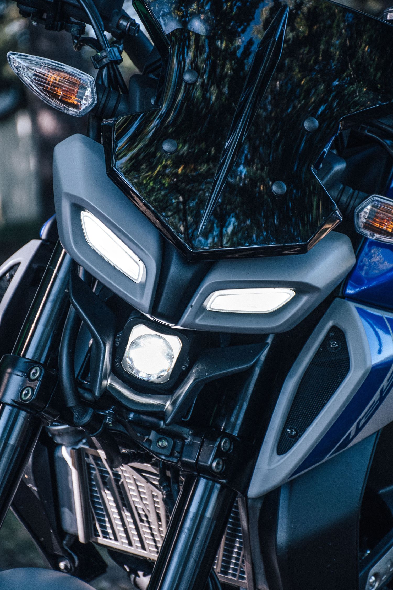 Close-up of a blue motorcycle front headlight assembly with dual LED lights illuminated in forest.