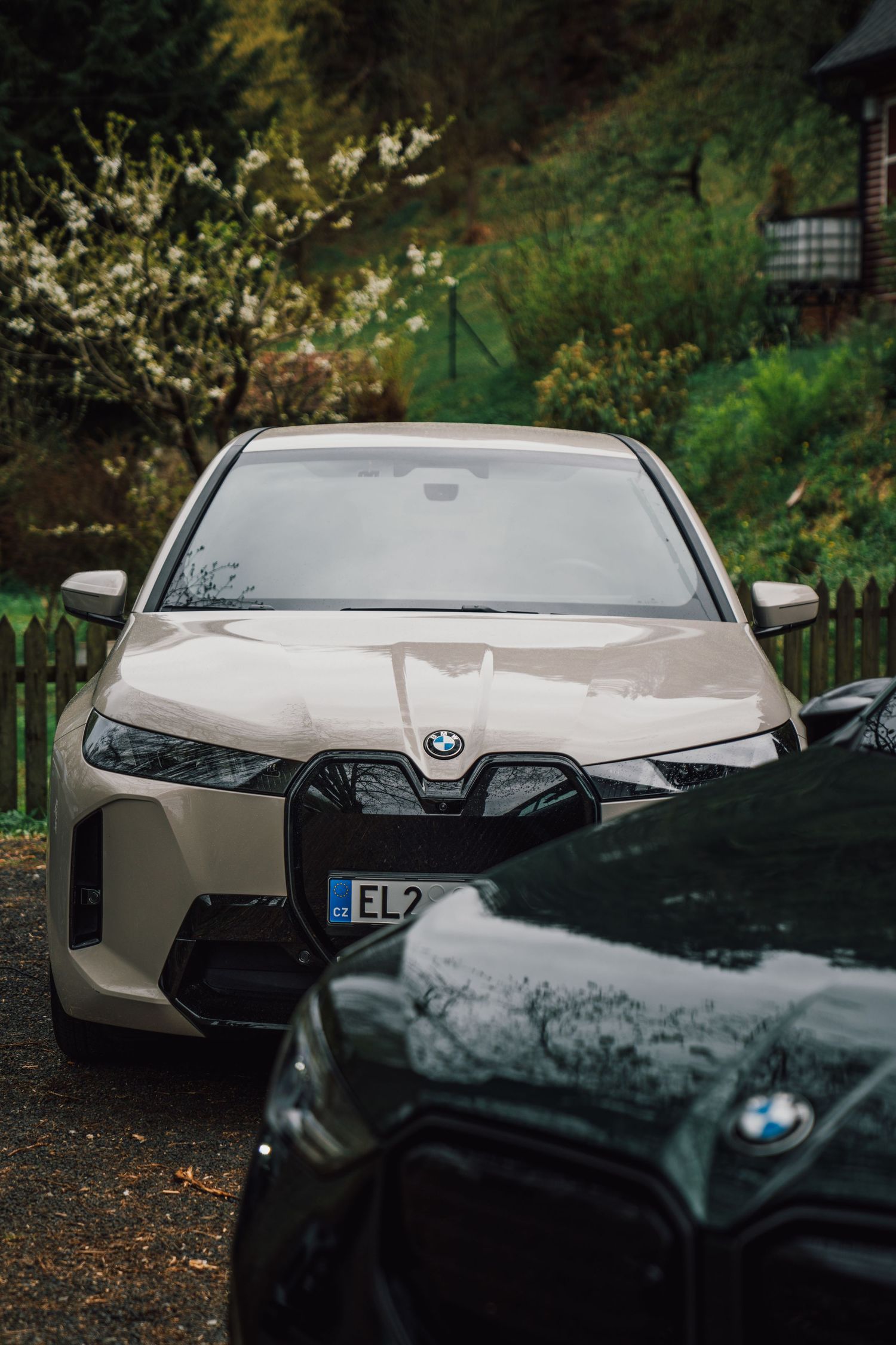 Front view of a beige BMW iX electric SUV with EL2 license plate parked in a lush green garden setting.