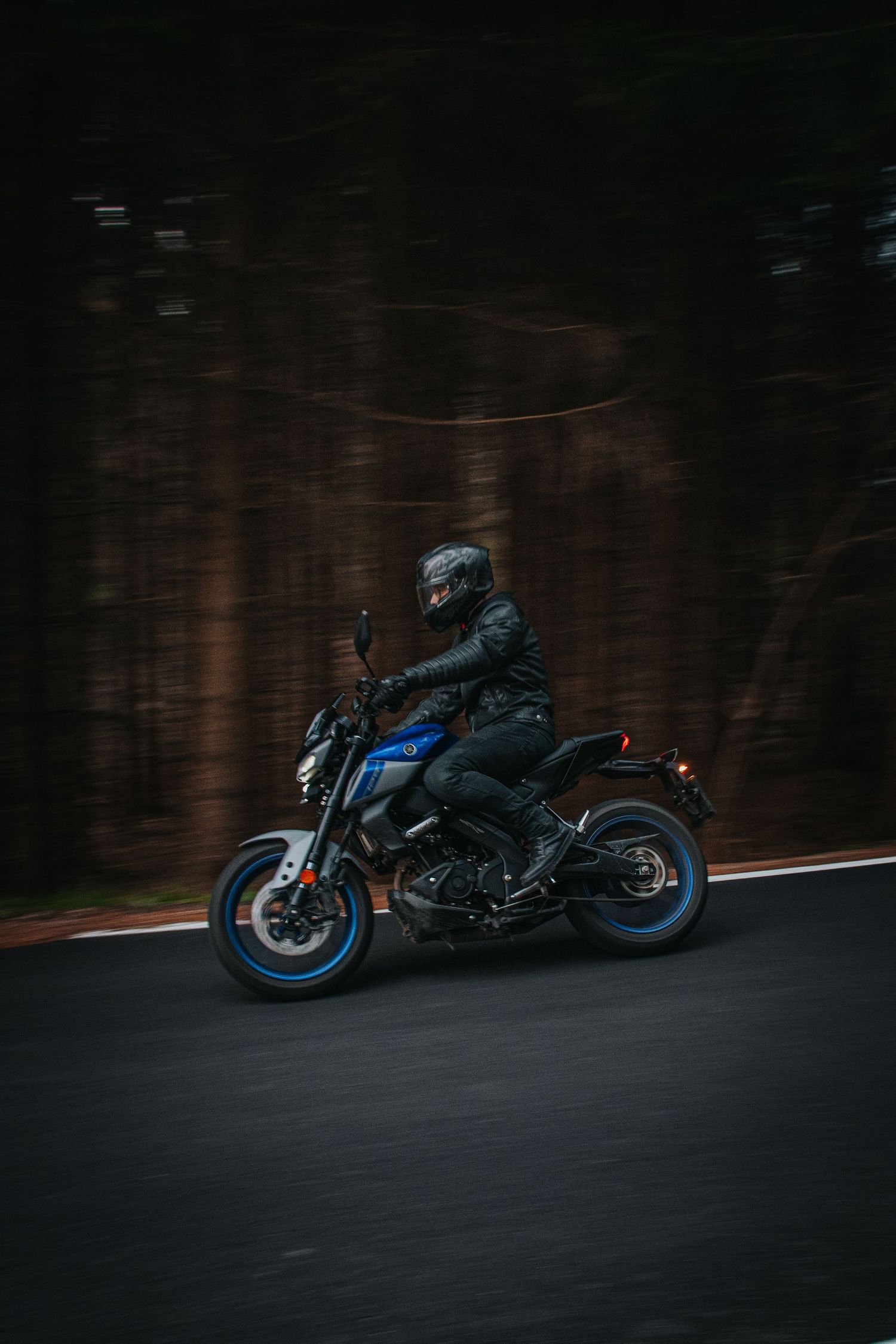 Side view of motorcyclist on blue Yamaha MT speeding on dark forest road.