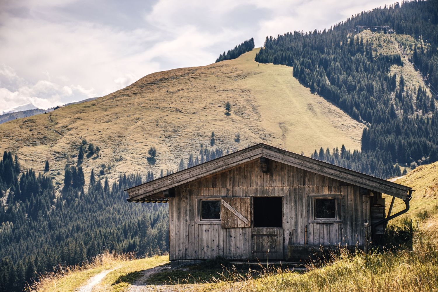 Weathered wooden mountain chalet on grassy alpine slope with forested hills in background.