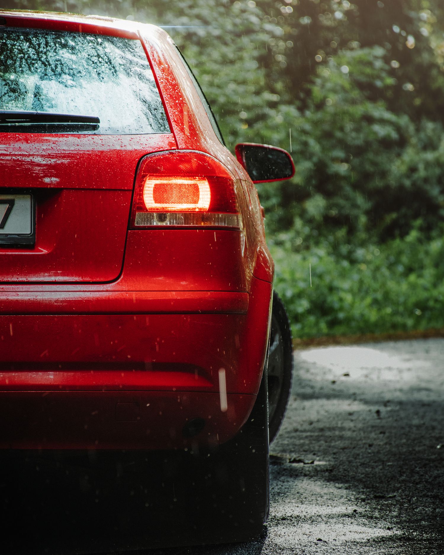 Rear view of a red car with glowing tail lights in the rain, surrounded by lush green trees.