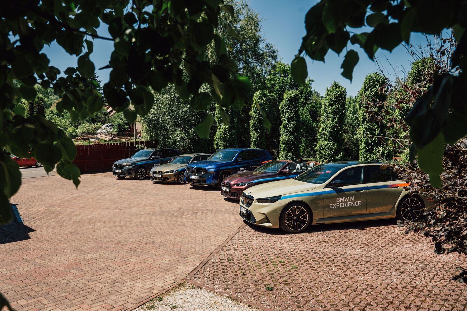 Fleet of BMW M Experience branded cars parked on a brick paved lot surrounded by tall green hedges.