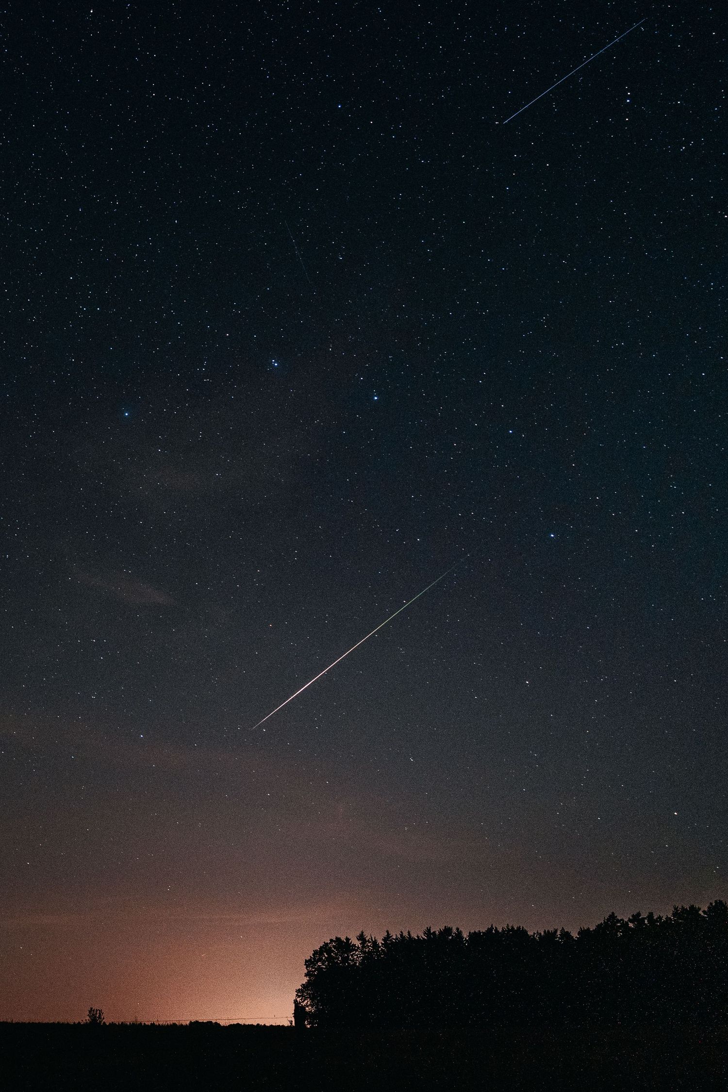 Long bright meteor trail crossing a star-filled dark blue night sky above tree silhouettes.