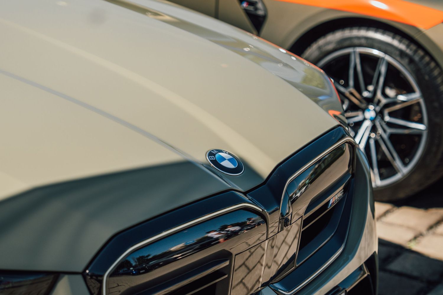 Close-up of BMW kidney grille and blue roundel logo on a beige luxury vehicle.