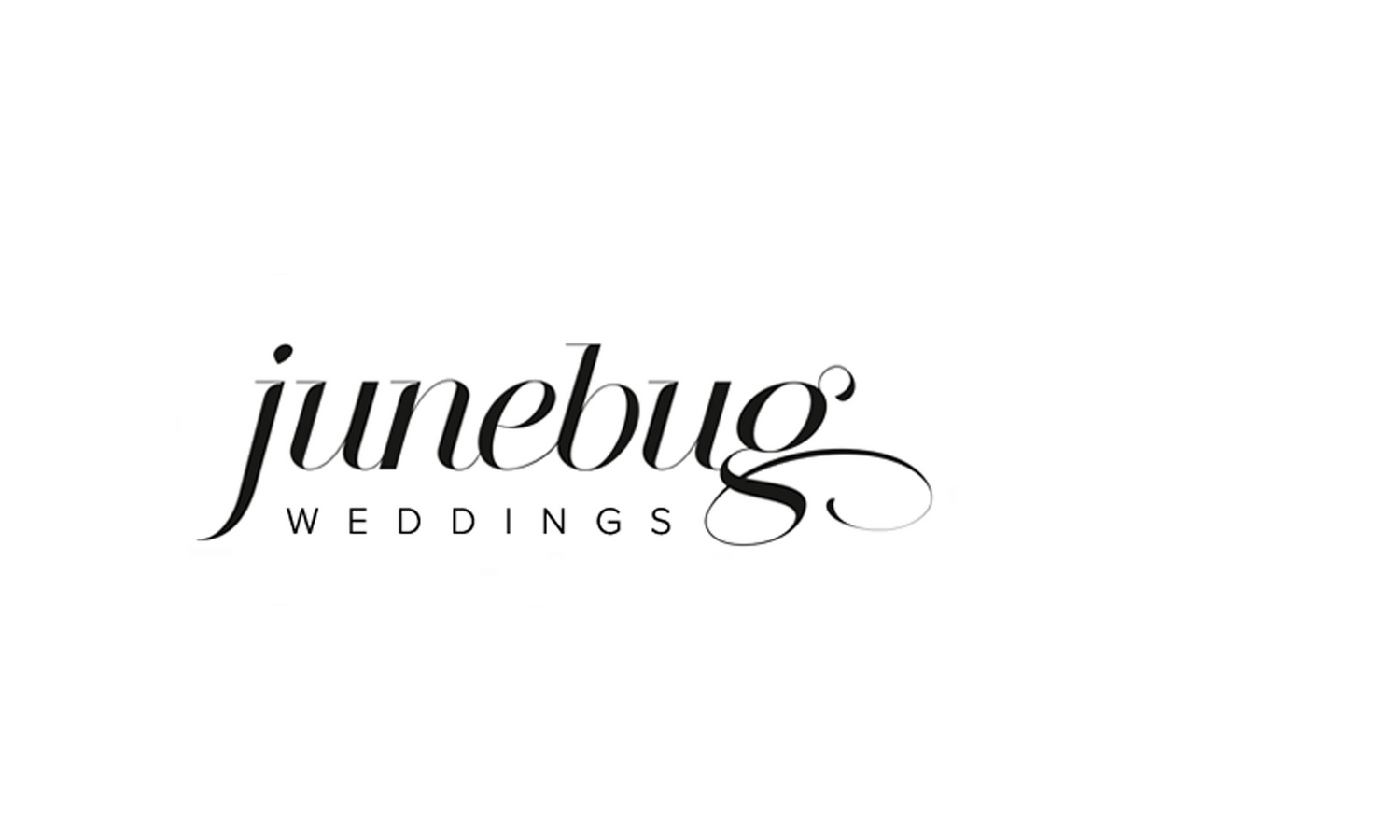 Junebug Weddings logo with elegant script text on a white banner ribbon design.