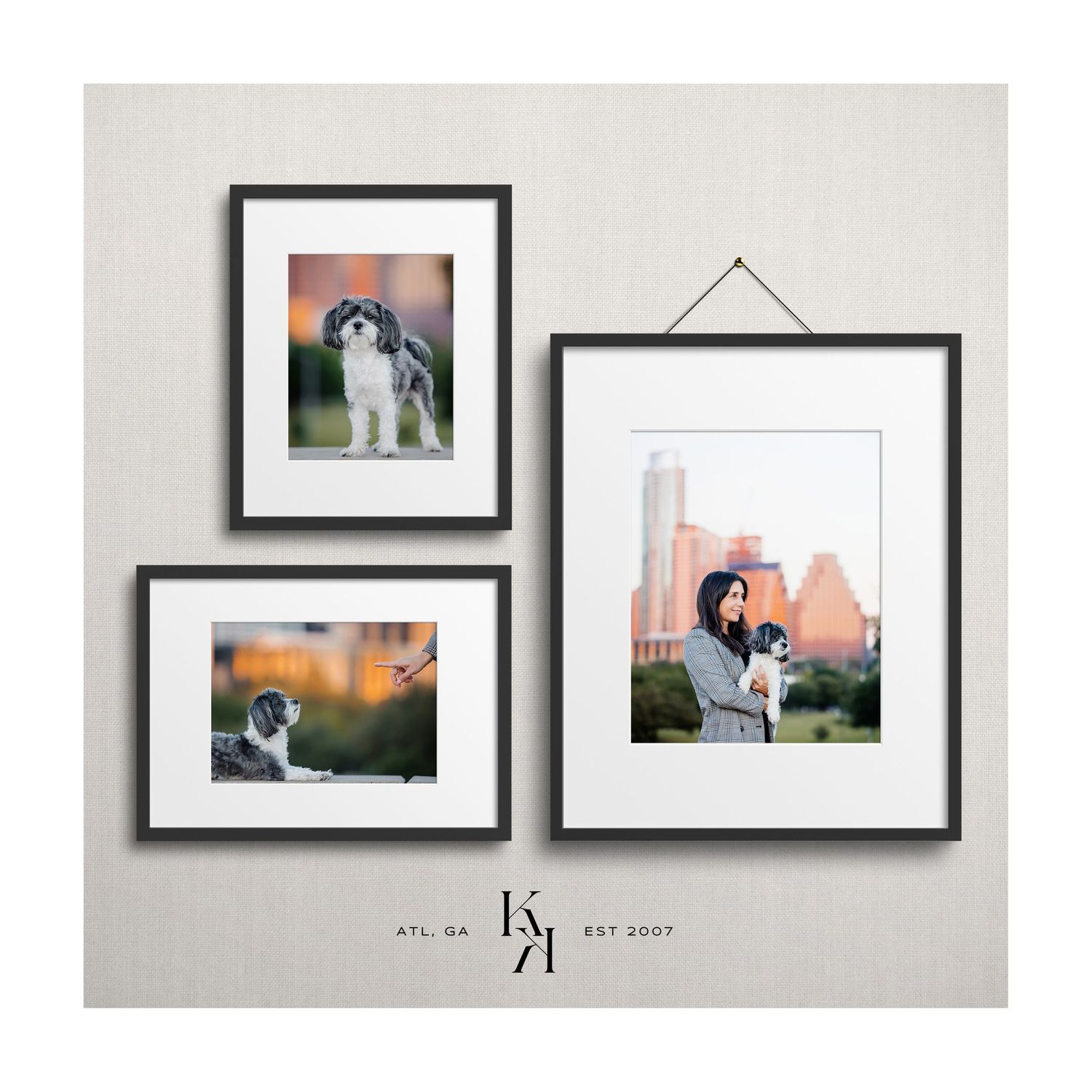 Three black framed photographs arranged in a gallery wall display on a neutral colored wall.