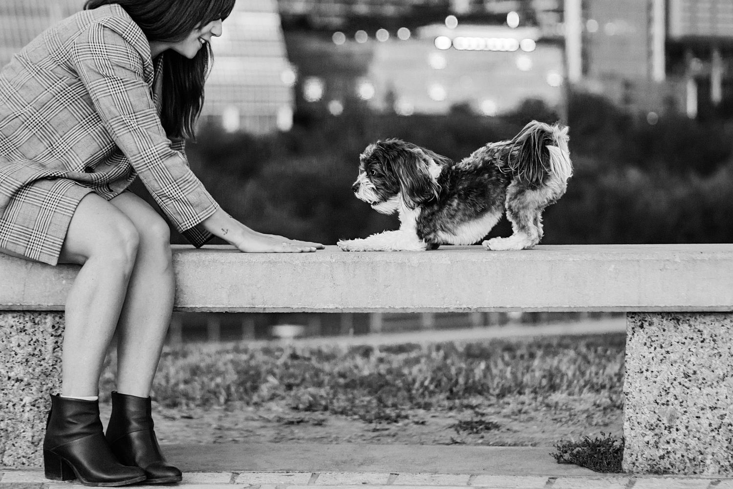 Black and white photo of someone sitting with a small dog on a concrete bench.