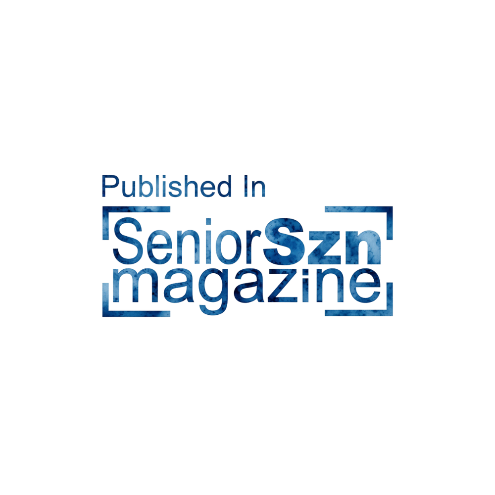 Published In Senior Szn Magazine badge logo in blue and white tones.