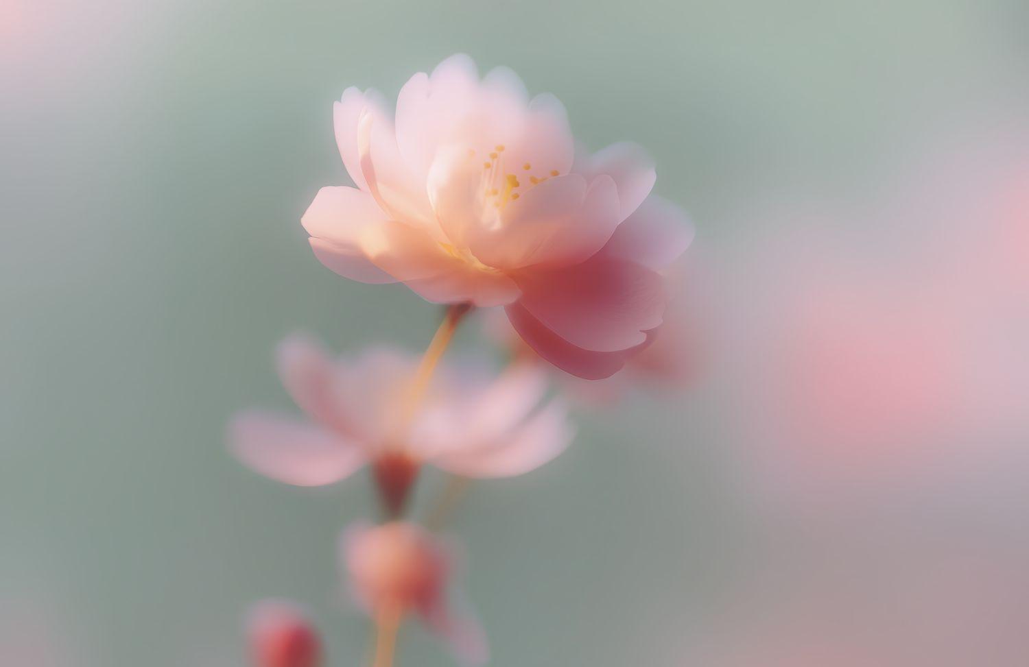 Soft pink roses in full bloom with a dreamy bokeh background in muted green and pink tones.