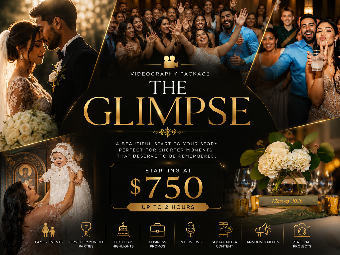 Gold-themed videography package ad The Glimpse starting at $750 for up to 2 hours covering weddings and events.