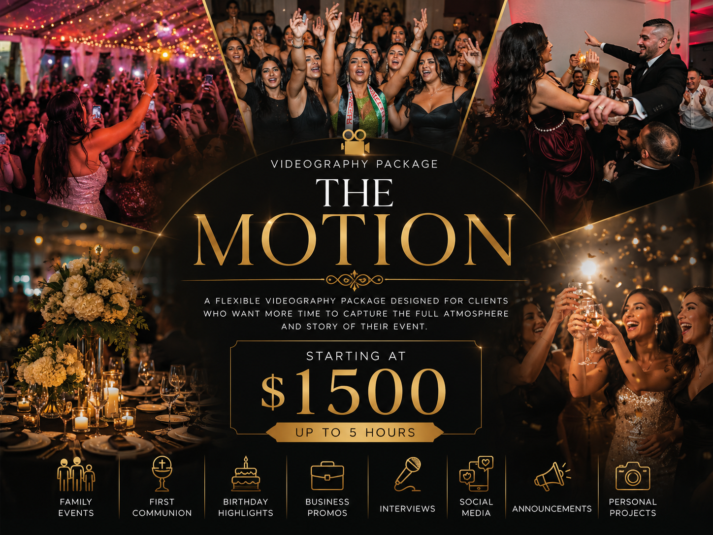 Elegant wedding videography package called The Motion, starting at $1500 for up to 5 hours of professional event coverage.