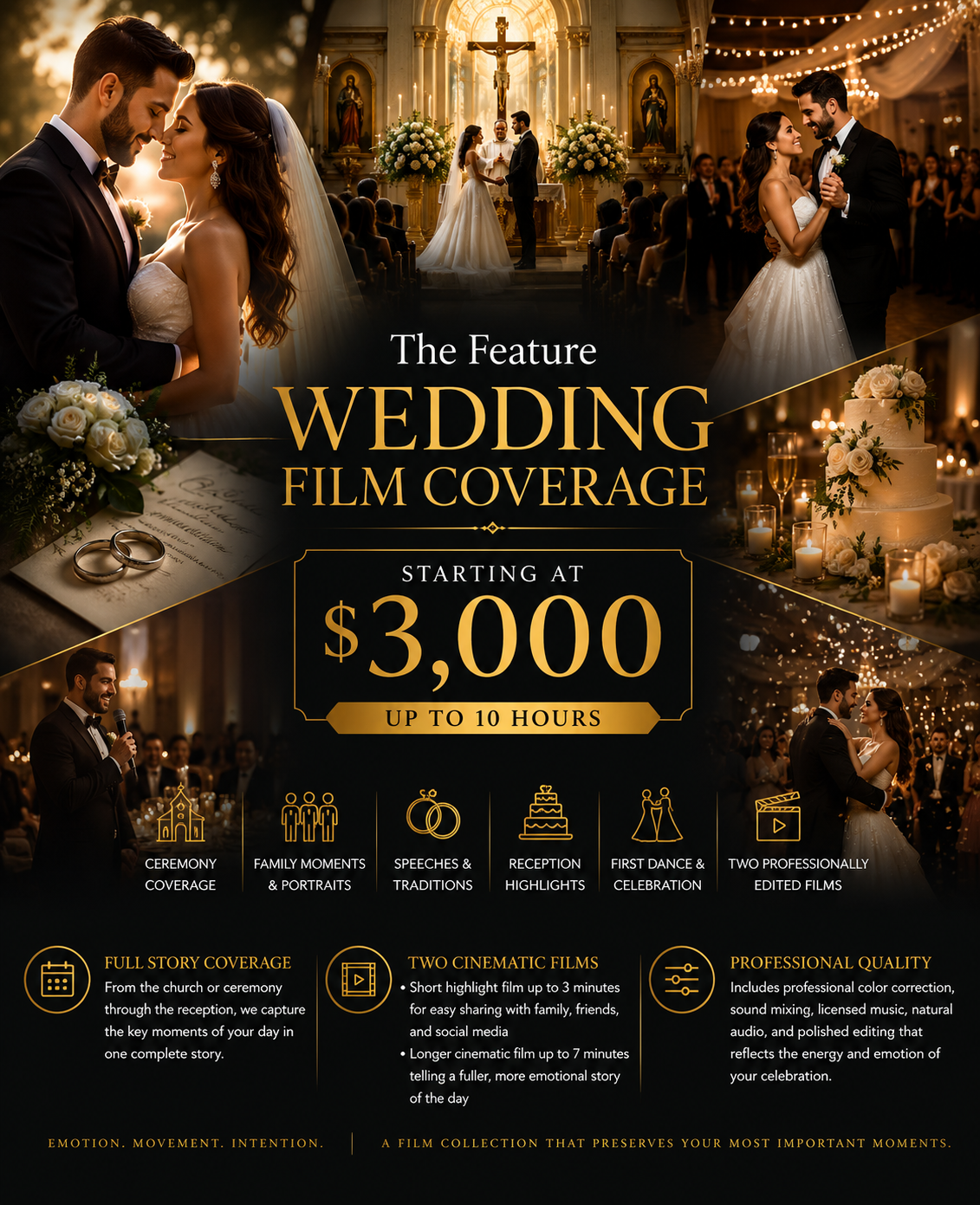 Wedding film coverage package starting at $3000 for up to 10 hours, featuring ceremony, reception, and cinematic highlights.