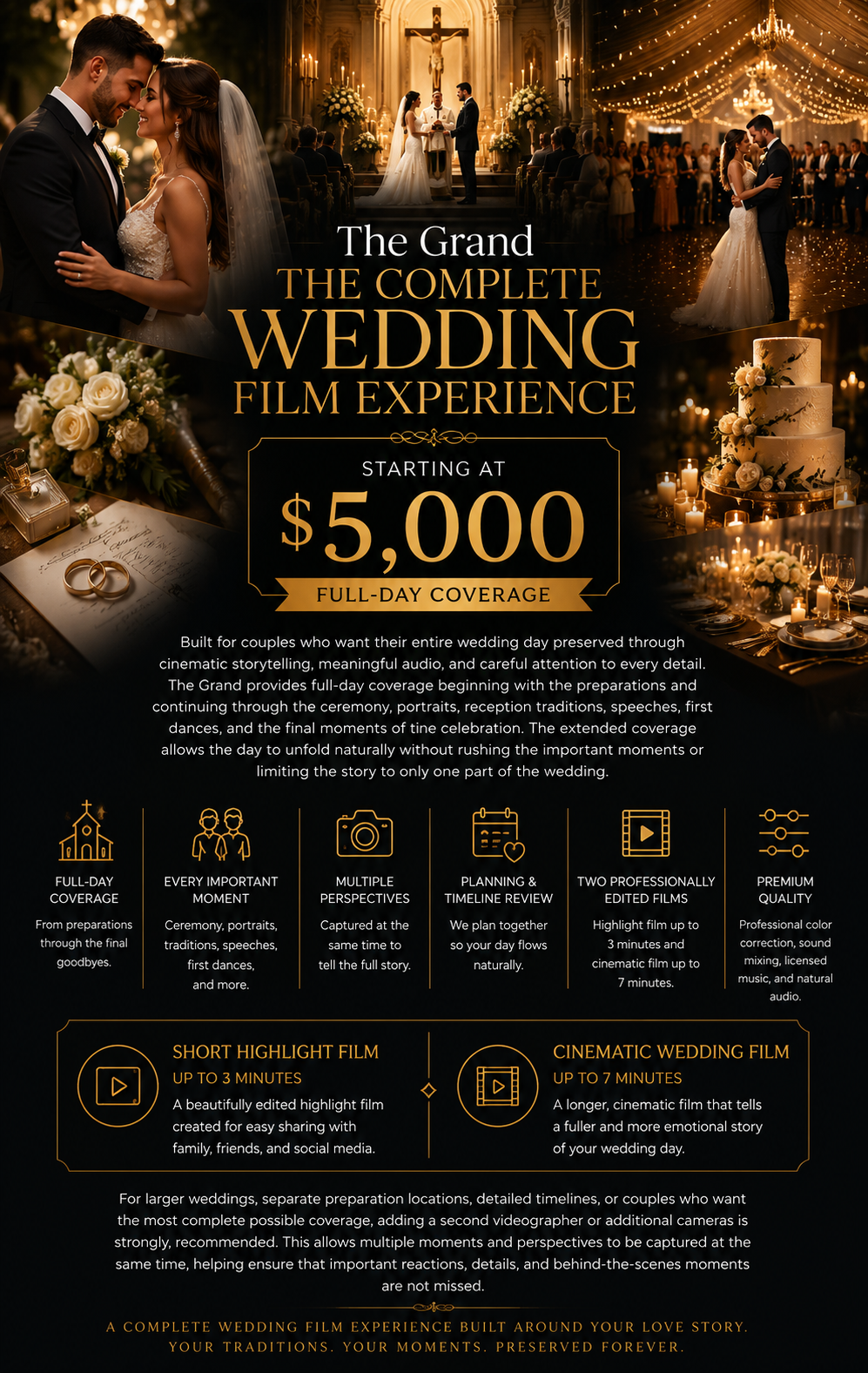 Elegant wedding film experience promotional flyer featuring couple, pricing starting at $5,000, and cinematic coverage package details.