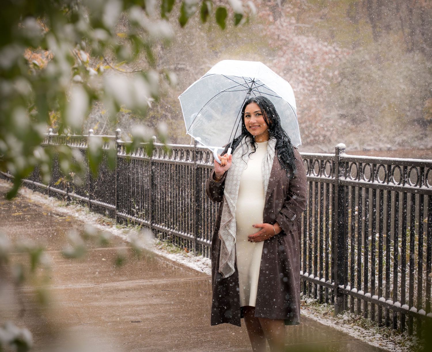 A person holding a white umbrella walks along an iron railing fence on a misty winter day.