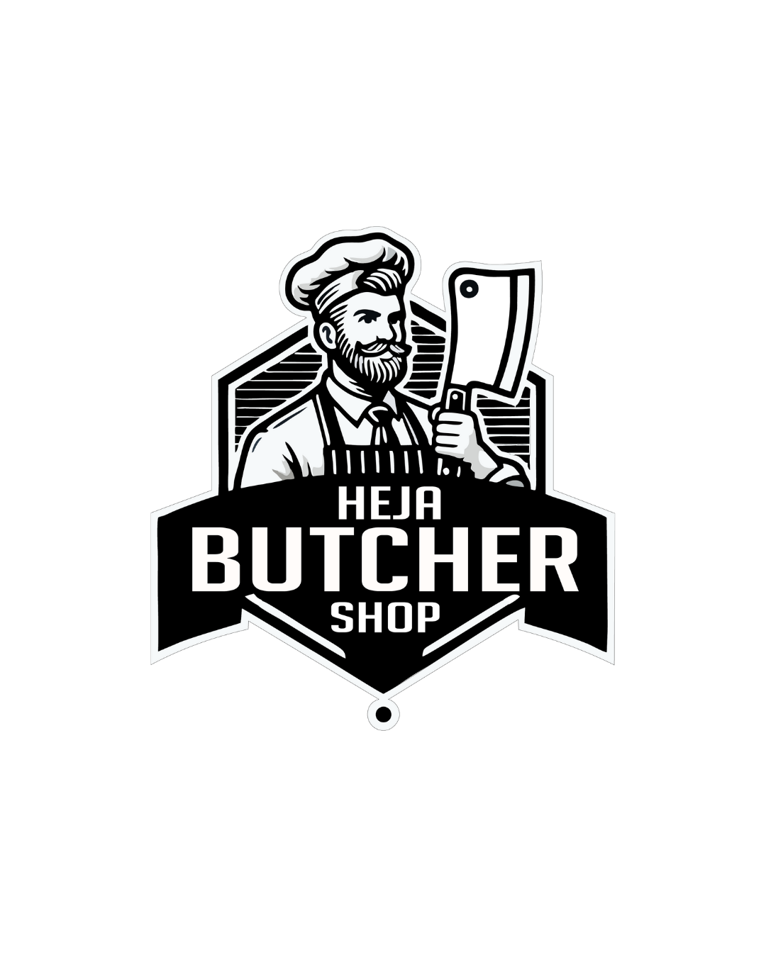 Black and white logo design of a butcher holding a cleaver with text reading Heja Butcher Shop in a shield emblem.