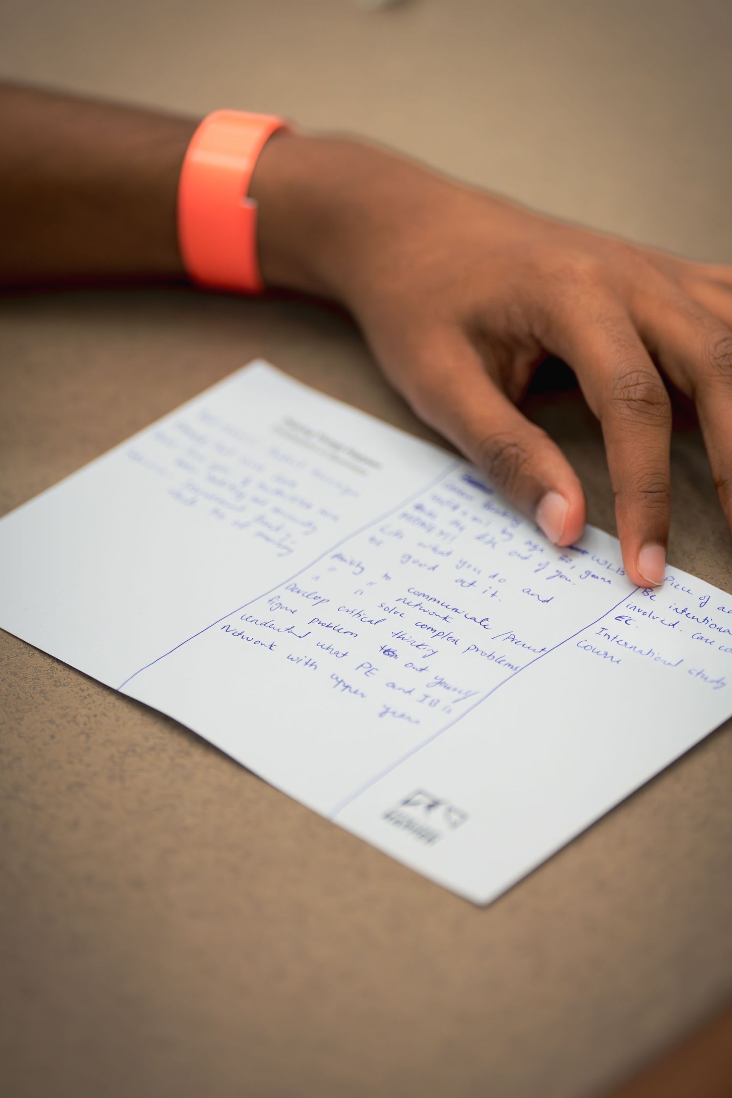 Handwritten notes on white paper with an orange wristband visible.
