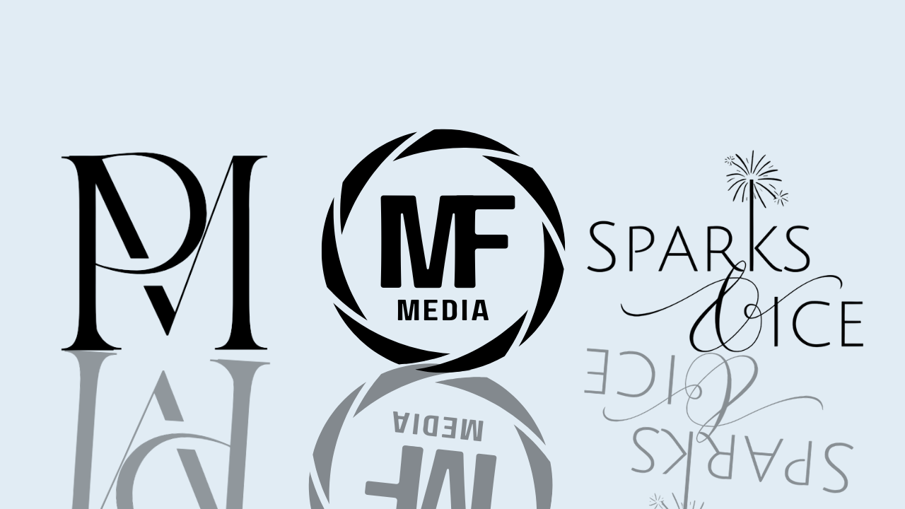 Monochromatic logo designs featuring various brand elements in a row.