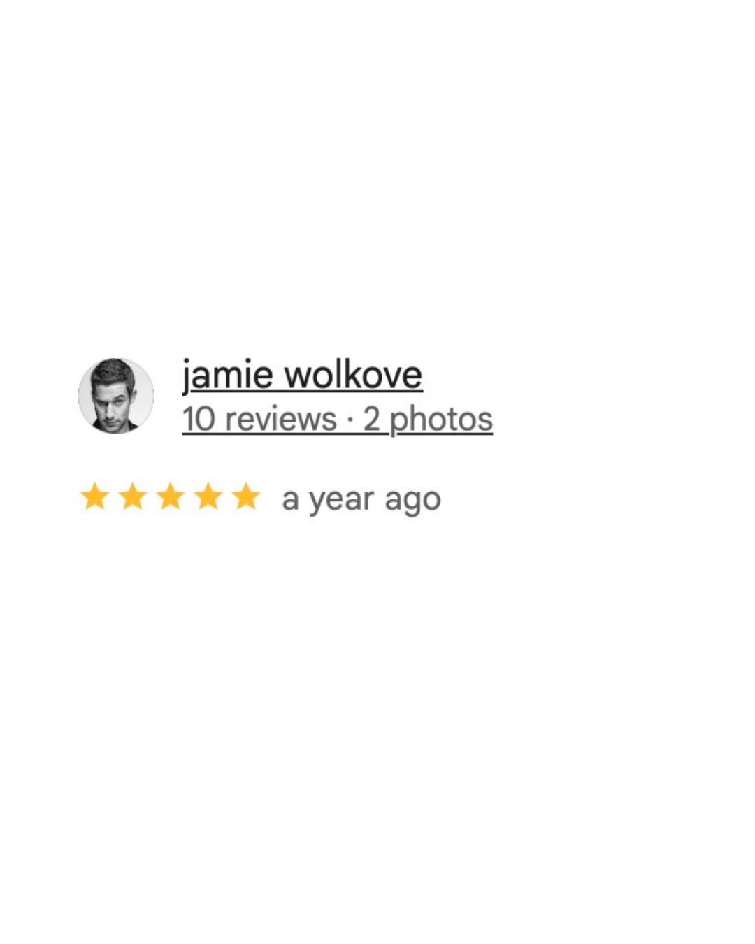 A person wearing a white t-shirt and black jacket stands in front of a white background with a review rating.